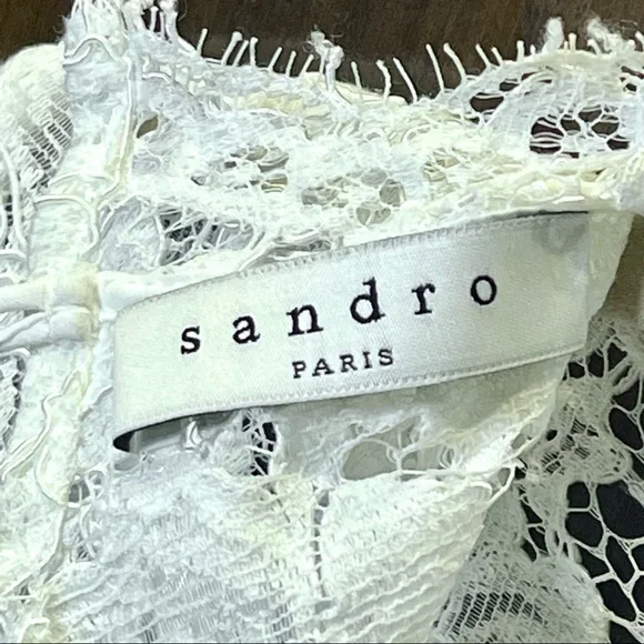 SANDRO | 🤍 White Lace Mock Neck Blouse w/ Thin Pinstripe Panel | Size 1 (Small) - Picture 14 of 16